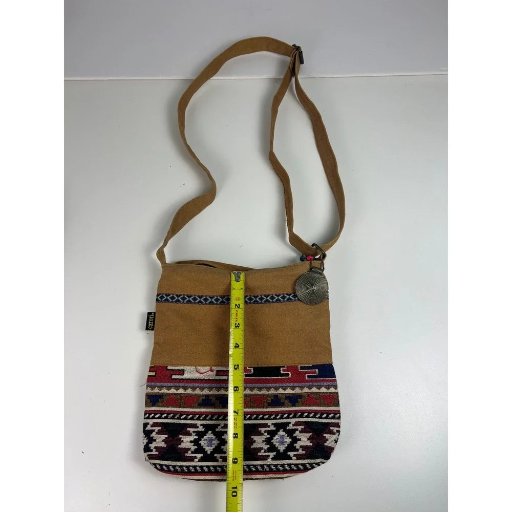 Carori Tan Canvas Aztec Tribal Print Crossbody Bag Boho Festival‎